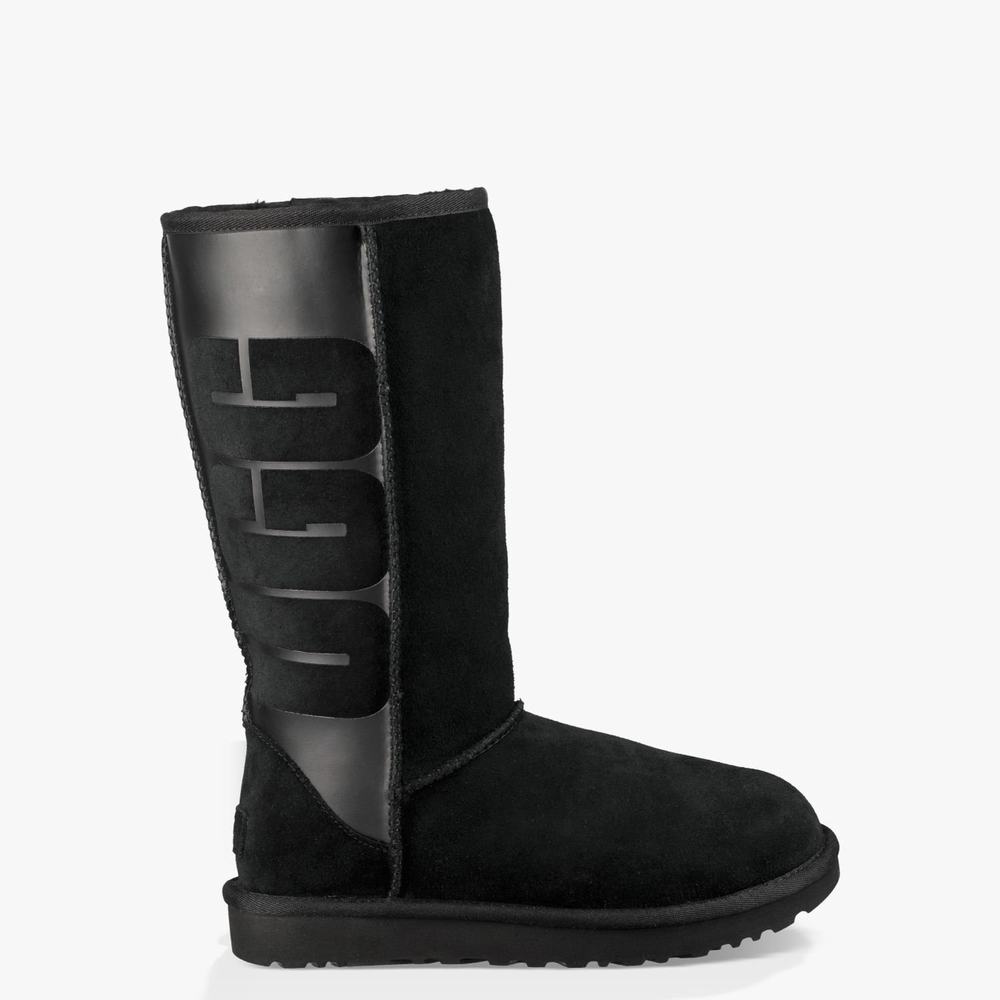 Bottes Classic UGG Classic Tall Logo Rubber Femme Noir Soldes 368WAYLR